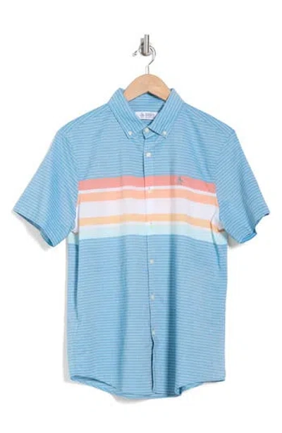 Original Penguin Lawn Chest Stripe Short Cotton Sleeve Button-up Shirt In Mosaic Blue