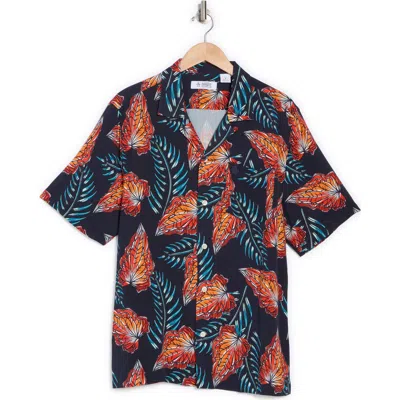 Original Penguin Leaves Slim Fit Camp Shirt In Dark Sapphire