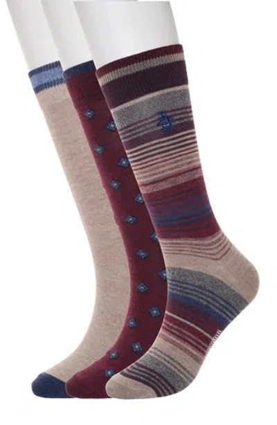 Original Penguin Marled Stripe Assorted 3-pack Crew Socks In Brown