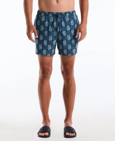 Original Penguin Men's Navy Flower Block Print 5" Swim Trunks In Blue