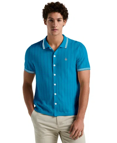 Original Penguin Men's Slim-fit Drop Needle Button Front Short Sleeve Sweater Polo Shirt In Mosaic Blue