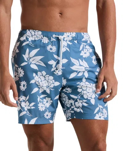 Original Penguin Men's Slim Fit Floral Print Drawstring 7" Swim Trunks In Copen Blue