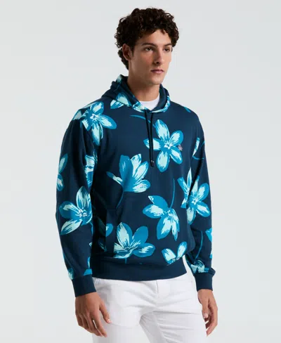 Original Penguin Men's Slim Fit French Terry Floral Print Hoodie In Blue Wing Teal