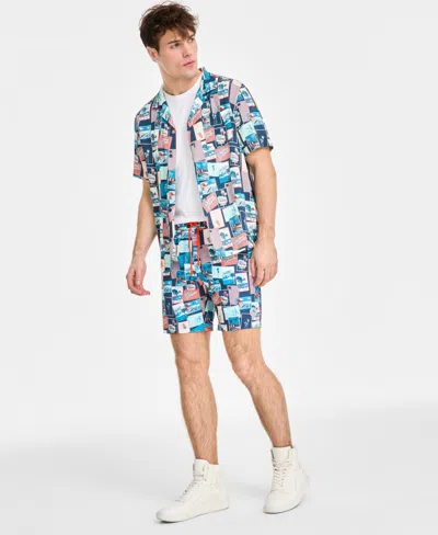 Original Penguin Men's Slim-fit Stretch Tropical-print 7" Swim Trunks In Blue Wing Teal