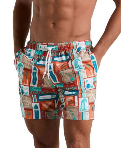 Original Penguin Men's Slim Fit Surf Print Drawstring 7" Swim Trunks In Cherry Tomato