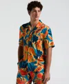 Original Penguin Mens Slim Fit Tropical Leaf Print Button Down Camp Shirt Tropical Leaf Swim Shorts In Multi