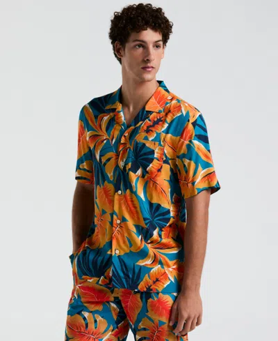 Original Penguin Men's Slim-fit Tropical Leaf-print Button-down Camp Shirt In Mosaic Blue