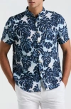 Original Penguin Monstera Linen Short Sleeve Button-down Shirt In Crystal Blue