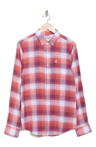 Original Penguin Plaid Long Sleeve Crinkle Cotton Button-up Shirt In Mineral Red