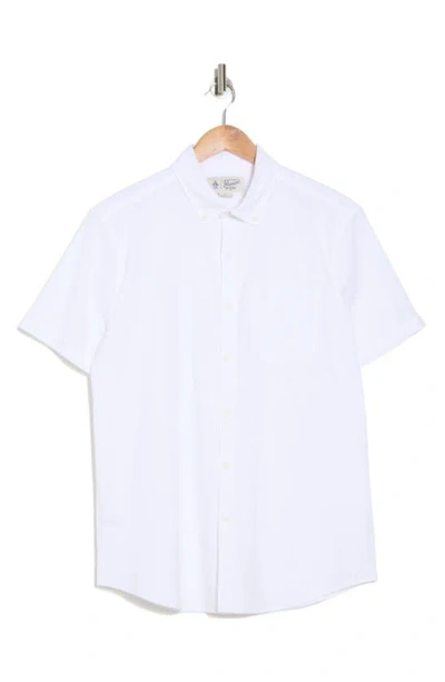Original Penguin Seersucker Stretch Short Sleeve Stretch Cotton Button-up Shirt In Bright White