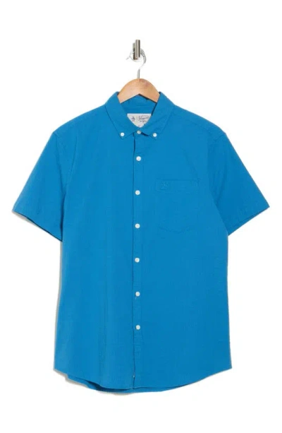Original Penguin Seersucker Stretch Short Sleeve Stretch Cotton Button-up Shirt In Vallarta Blue