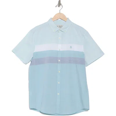 Original Penguin Short Sleeve Cotton Blend Poplin Button-up Shirt In Teal