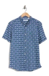 Original Penguin Short Sleeve Linen & Cotton Button-up Shirt In Blue