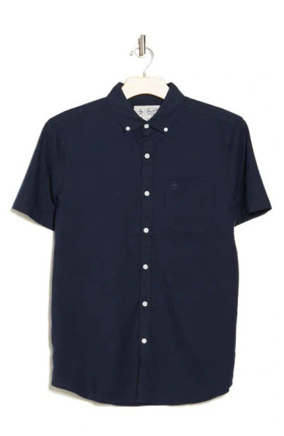 Original Penguin Stretch Linen Blend Short Sleeve Shirt In Dark Sapphire