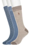 Original Penguin Stripe & Dot 3-pack Assorted Crew Socks In Brown