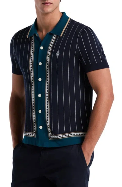 Original Penguin Stripe Jacquard Button-up Polo In Blue
