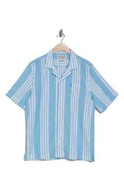 Original Penguin Stripe Linen & Cotton Camp Shirt In Blue Moon