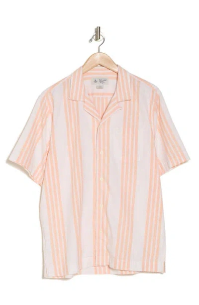 Original Penguin Stripe Linen & Cotton Camp Shirt In Mock Orange