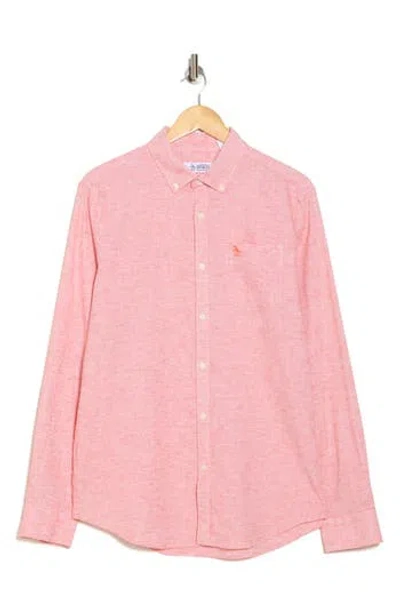 Original Penguin Stripe Stretch Linen & Cotton Button-down Shirt In Cherry Tomoato