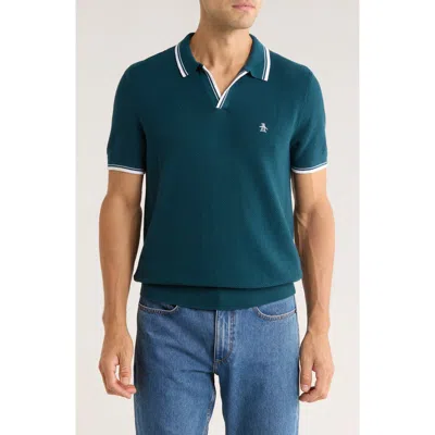 Original Penguin Textured Johnny Collar Cotton Polo In Green