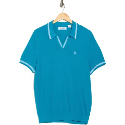 Original Penguin Textured Tipped Johnny Collar Polo In Mosaic Blue