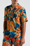 Original Penguin Mens Slim Fit Tropical Leaf Print Button Down Camp Shirt Tropical Leaf Swim Shorts In Multi