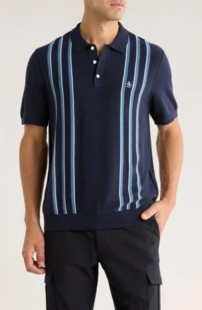 Original Penguin Vertical Stripe Cotton Knit Polo In Blue