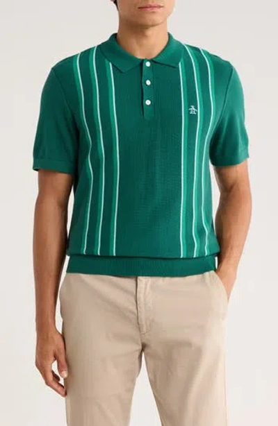 Original Penguin Vertical Stripe Cotton Knit Polo In Green