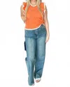 Original Usa Square Rhinestone Lines Embellished High Rise Ultra Wide Leg Jeans In Denim Blue In Multi
