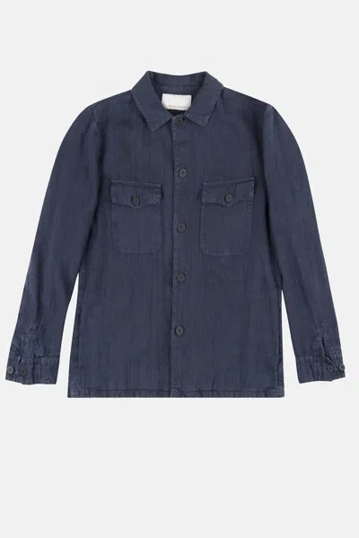 Original Vintage Style Linen Patch Pockets Overshirt In Blue