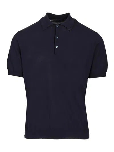 Original Vintage Style Short-sleeve Ribbed-trim Polo Shirt In Blue