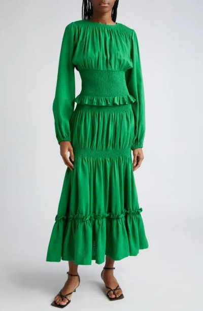 Oríré Gale Smocked Long Sleeve Tiered Maxi Dress In Green