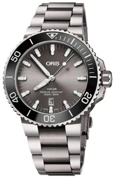 Pre-owned Oris Aquis Automatic Titanium Grey Dial Date Divers Mens Watch 733 7730 7153-mb