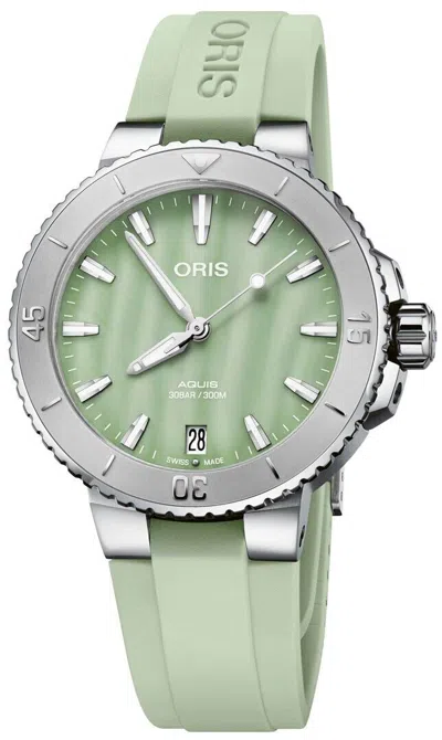 Pre-owned Oris Aquis Date Green Mop Dial Rubber Womens Watch 01 733 7770 4157-07 4 18 67fc