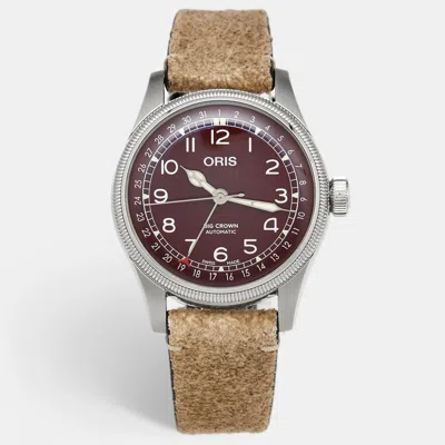 Pre-owned Oris Big Crown Pointer Date 01 754 7741 4068 Red Dial Stainless Steel Leather Men's Wristwatch 40 Mm