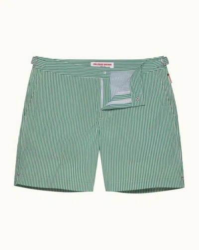 Orlebar Brown Bulldog Mid-length Classic Fit Stripe Seersucker Swim Shorts In Fresh Lawn/white Stripe