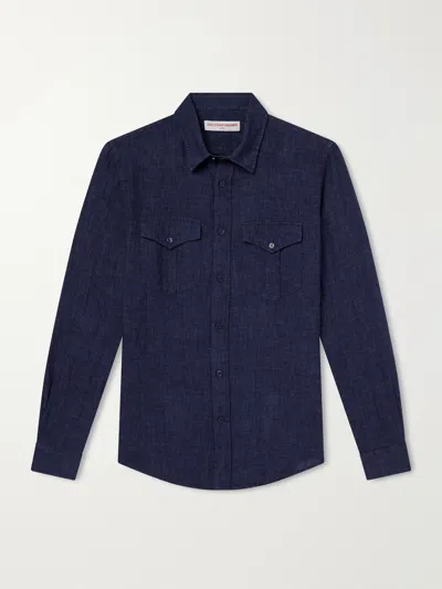 Orlebar Brown Colburn Lino Tailored Fit Linen Shirt With Chest Pockets In Blue