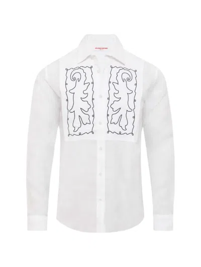 Orlebar Brown Giles Embroidery Tailored Fit Linen Embroidery Shirt In White