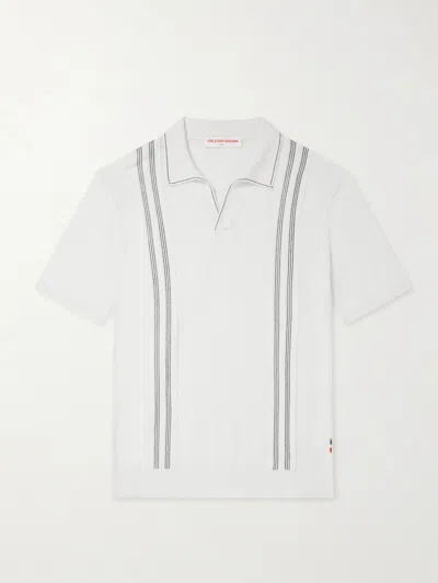 Orlebar Brown Horton Striped Silk And Cotton-blend Polo Shirt In White