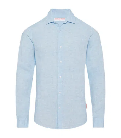 Orlebar Brown Giles Linen Textured Tailored Fit Button Down Shirt In Pale Blue