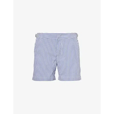 Orlebar Brown Setter Mid-rise Seersucker Swim Shorts In Blueberry/white Stripe