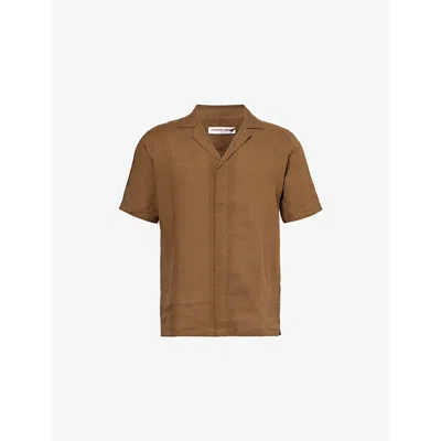 Orlebar Brown Mens Cinnamon Coffee Maitan Spread-collar Regular-fit Linen Shirt