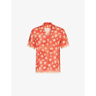 Orlebar Brown Mens Cinnamon Summer Red Graphic-print Short-sleeve Woven-blend Shirt