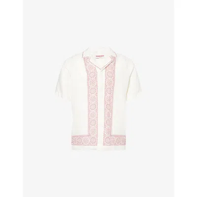 Orlebar Brown Mens Maitan Border-print Linen Shirt Dark Ruby In White