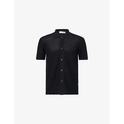 Orlebar Brown Mens Night Iris Short-sleeve Semi-sheer Crochet Knitted Polo Top In Black