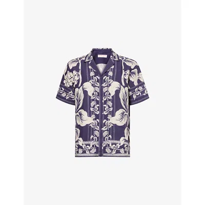 ORLEBAR BROWN MENS NIGHT IRIS MAITAN SHORT-SLEEVES LINEN SHIRT XL