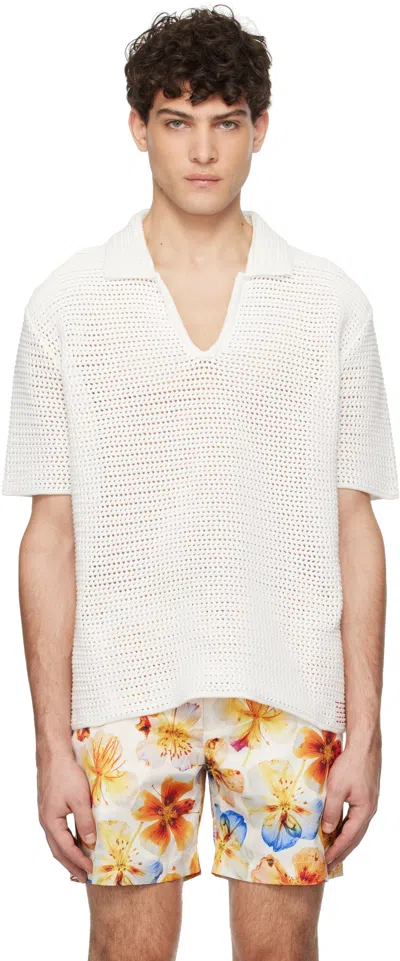 Orlebar Brown Off-white Batten Crochet Polo In Sea Mist