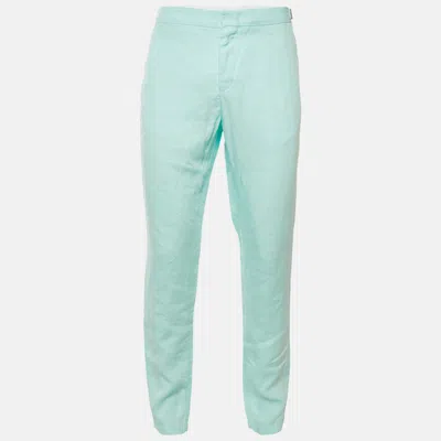 Pre-owned Orlebar Brown Turquoise Blue Linen Griffon Trousers L/waist 34"