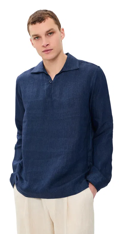 Orlebar Brown Vincent Linen Relaxed Fit Linen Long Sleeve Overhead Shirt In Blue