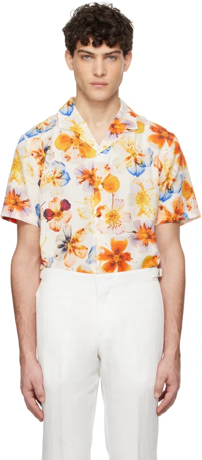 Orlebar Brown White & Orange Hibbert Shirt In White Sand